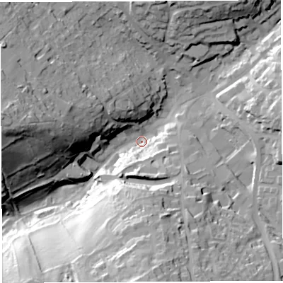 Shaded relief map of the ground around GL168AJ, computed from Environment Agency LiDAR. The ground here sits at about 167 m above sea level and falls 49 m across the surrounding 800 m. Surface water reaching this point runs off ground lying to the south, 37.3 m higher.