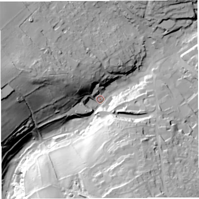 Shaded relief map of the ground around GL168AL, computed from Environment Agency LiDAR. The ground here sits at about 164 m above sea level and falls 57 m across the surrounding 800 m. Surface water reaching this point runs off ground lying to the south-south-east, 43.3 m higher.