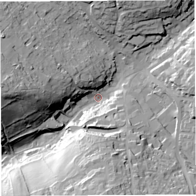Shaded relief map of the ground around GL168AN, computed from Environment Agency LiDAR. The ground here sits at about 167 m above sea level and falls 48 m across the surrounding 800 m. Surface water reaching this point runs off ground lying to the south, 35.2 m higher.
