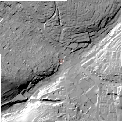 Shaded relief map of the ground around GL168AP, computed from Environment Agency LiDAR. The ground here sits at about 170 m above sea level and falls 44 m across the surrounding 800 m. Surface water reaching this point runs off ground lying to the north, 30.8 m higher.