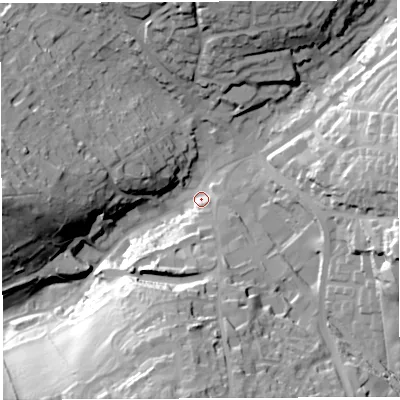 Shaded relief map of the ground around GL168AQ, computed from Environment Agency LiDAR. The ground here sits at about 170 m above sea level and falls 44 m across the surrounding 800 m. Surface water reaching this point runs off ground lying to the south, 31.6 m higher.