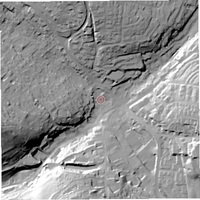 Shaded relief map of the ground around GL168AR, computed from Environment Agency LiDAR. The ground here sits at about 169 m above sea level and falls 44 m across the surrounding 800 m. Surface water reaching this point runs off ground lying to the north-north-west, 31.2 m higher.