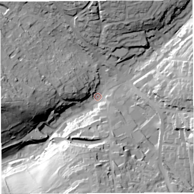 Shaded relief map of the ground around GL168AW, computed from Environment Agency LiDAR. The ground here sits at about 168 m above sea level and falls 43 m across the surrounding 800 m. Surface water reaching this point runs off ground lying to the south, 31.0 m higher.
