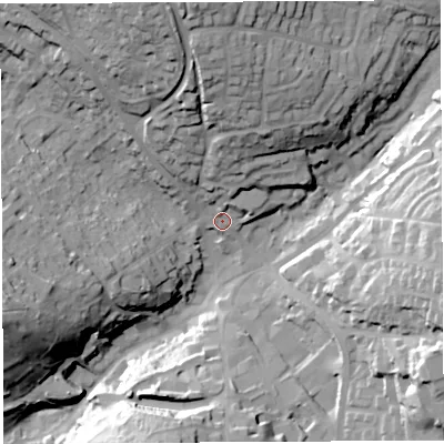 Shaded relief map of the ground around GL168BA, computed from Environment Agency LiDAR. The ground here sits at about 172 m above sea level and falls 46 m across the surrounding 800 m. Surface water reaching this point runs off ground lying to the north, 25.0 m higher.