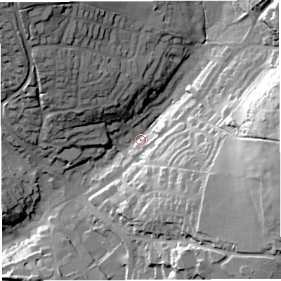 Shaded relief map of the ground around GL168BB, computed from Environment Agency LiDAR. The ground here sits at about 176 m above sea level and falls 51 m across the surrounding 800 m. Surface water reaching this point runs off ground lying to the east-south-east, 43.2 m higher.