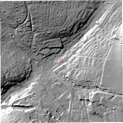 Shaded relief map of the ground around GL168BH, computed from Environment Agency LiDAR. The ground here sits at about 175 m above sea level and falls 46 m across the surrounding 800 m. Surface water reaching this point runs off ground lying to the east, 33.6 m higher.