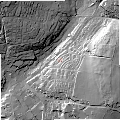Shaded relief map of the ground around GL168BU, computed from Environment Agency LiDAR. The ground here sits at about 187 m above sea level and falls 51 m across the surrounding 800 m. Surface water reaching this point runs off ground lying to the east-south-east, 7.1 m higher.