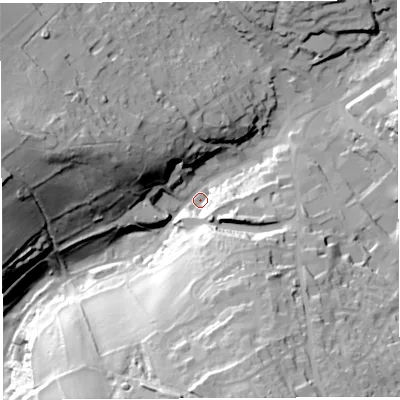 Shaded relief map of the ground around GL168DD, computed from Environment Agency LiDAR. The ground here sits at about 164 m above sea level and falls 57 m across the surrounding 800 m. Surface water reaching this point runs off ground lying to the south-south-east, 43.6 m higher.