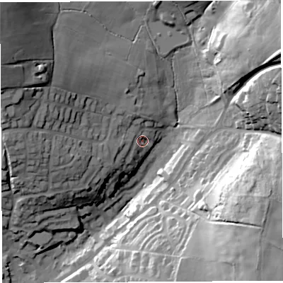 Shaded relief map of the ground around GL168DE, computed from Environment Agency LiDAR. The ground here sits at about 180 m above sea level and falls 49 m across the surrounding 800 m. Surface water reaching this point runs off ground lying to the west-north-west, 29.5 m higher.