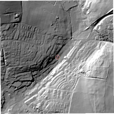 Shaded relief map of the ground around GL168DF, computed from Environment Agency LiDAR. The ground here sits at about 176 m above sea level and falls 51 m across the surrounding 800 m. Surface water reaching this point runs off ground lying to the east-south-east, 42.4 m higher.