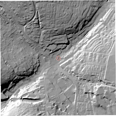 Shaded relief map of the ground around GL168DP, computed from Environment Agency LiDAR. The ground here sits at about 171 m above sea level and falls 43 m across the surrounding 800 m. Surface water reaching this point runs off ground lying to the east, 32.3 m higher.