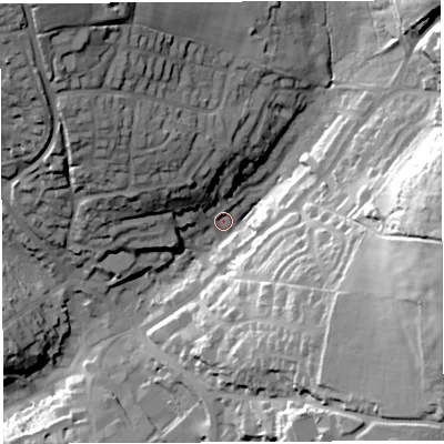 Shaded relief map of the ground around GL168DQ, computed from Environment Agency LiDAR. The ground here sits at about 175 m above sea level and falls 50 m across the surrounding 800 m. Surface water reaching this point runs off ground lying to the east-south-east, 42.6 m higher.