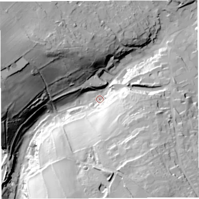 Shaded relief map of the ground around GL168NA, computed from Environment Agency LiDAR. The ground here sits at about 161 m above sea level and falls 63 m across the surrounding 800 m. Surface water reaching this point runs off ground lying to the south-east, 48.2 m higher.