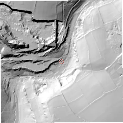 Shaded relief map of the ground around GL168NB, computed from Environment Agency LiDAR. The ground here sits at about 143 m above sea level and falls 92 m across the surrounding 800 m. Surface water reaching this point runs off ground lying to the north-west, 73.3 m higher.