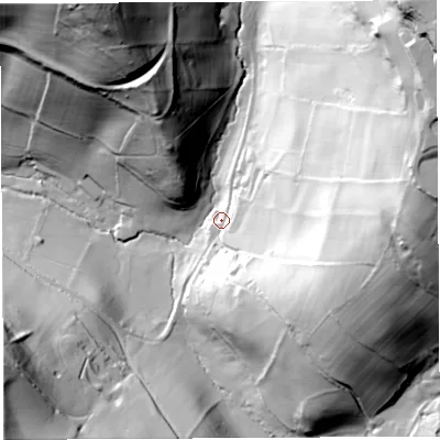 Shaded relief map of the ground around GL168NF, computed from Environment Agency LiDAR. The ground here sits at about 116 m above sea level and falls 111 m across the surrounding 800 m. Surface water reaching this point runs off ground lying to the north-east, 101.4 m higher.