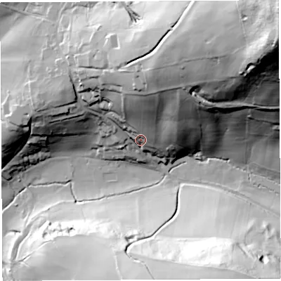 Shaded relief map of the ground around GL168NJ, computed from Environment Agency LiDAR. The ground here sits at about 111 m above sea level and falls 119 m across the surrounding 800 m. Surface water reaching this point runs off ground lying to the north-north-east, 62.5 m higher.