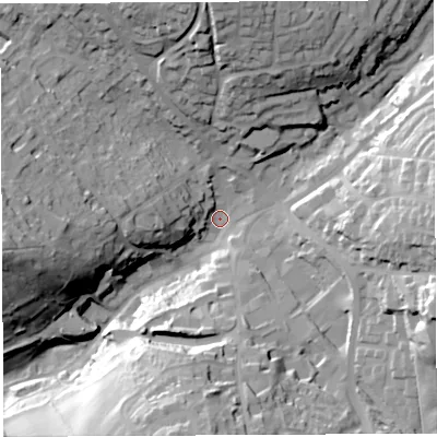 Shaded relief map of the ground around GL168TR, computed from Environment Agency LiDAR. The ground here sits at about 168 m above sea level and falls 41 m across the surrounding 800 m. Surface water reaching this point runs off ground lying to the north, 29.1 m higher.