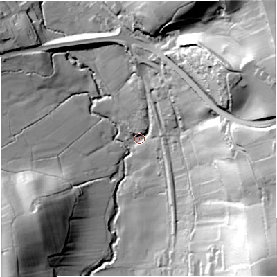 Shaded relief map of the ground around GL170AA, computed from Environment Agency LiDAR. The ground here sits at about 50 m above sea level and falls 84 m across the surrounding 800 m. Surface water reaching this point runs off ground lying to the east-north-east, 43.9 m higher.