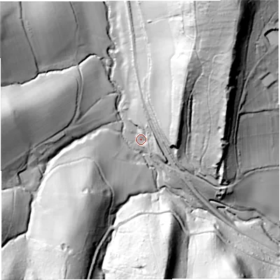 Shaded relief map of the ground around GL170AE, computed from Environment Agency LiDAR. The ground here sits at about 32 m above sea level and falls 86 m across the surrounding 800 m. Surface water reaching this point runs off ground lying to the north-east, 81.9 m higher.