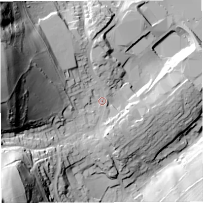 Shaded relief map of the ground around GL170AT, computed from Environment Agency LiDAR. The ground here sits at about 148 m above sea level and falls 96 m across the surrounding 800 m. Surface water reaching this point runs off ground lying to the south-west, 79.0 m higher.
