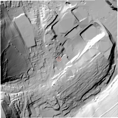 Shaded relief map of the ground around GL170AU, computed from Environment Agency LiDAR. The ground here sits at about 143 m above sea level and falls 81 m across the surrounding 800 m. Surface water reaching this point runs off ground lying to the south-west, 66.0 m higher.
