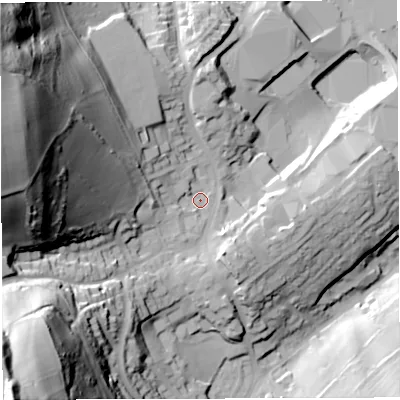 Shaded relief map of the ground around GL170AX, computed from Environment Agency LiDAR. The ground here sits at about 148 m above sea level and falls 100 m across the surrounding 800 m. Surface water reaching this point runs off ground lying to the west-north-west, 71.0 m higher.