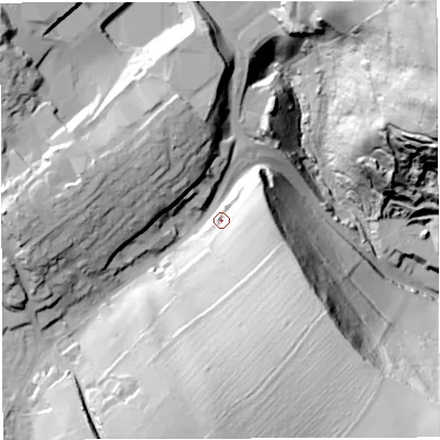 Shaded relief map of the ground around GL170DS, computed from Environment Agency LiDAR. The ground here sits at about 135 m above sea level and falls 106 m across the surrounding 800 m. Surface water reaching this point runs off ground lying to the south-south-east, 39.1 m higher.