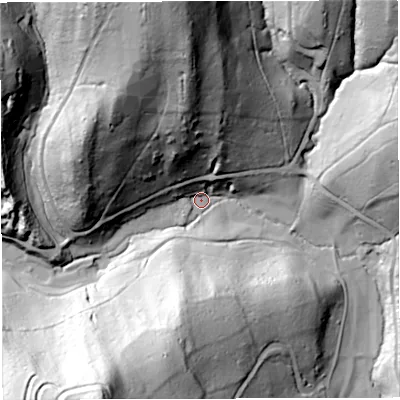 Shaded relief map of the ground around GL170EB, computed from Environment Agency LiDAR. The ground here sits at about 68 m above sea level and falls 111 m across the surrounding 800 m. Surface water reaching this point runs off ground lying to the south-south-west, 98.9 m higher.