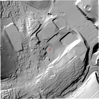 Shaded relief map of the ground around GL170ER, computed from Environment Agency LiDAR. The ground here sits at about 140 m above sea level and falls 66 m across the surrounding 800 m. Surface water reaching this point runs off ground lying to the west-north-west, 13.6 m higher.
