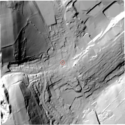 Shaded relief map of the ground around GL170HP, computed from Environment Agency LiDAR. The ground here sits at about 150 m above sea level and falls 107 m across the surrounding 800 m. Surface water reaching this point runs off ground lying to the south-west, 79.6 m higher.