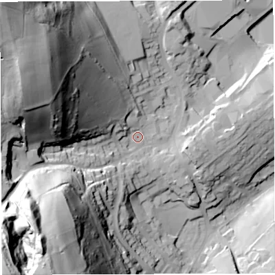 Shaded relief map of the ground around GL170HU, computed from Environment Agency LiDAR. The ground here sits at about 151 m above sea level and falls 111 m across the surrounding 800 m. Surface water reaching this point runs off ground lying to the south-west, 93.4 m higher.