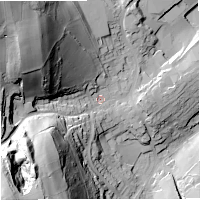 Shaded relief map of the ground around GL170HX, computed from Environment Agency LiDAR. The ground here sits at about 152 m above sea level and falls 114 m across the surrounding 800 m. Surface water reaching this point runs off ground lying to the south-west, 96.8 m higher.