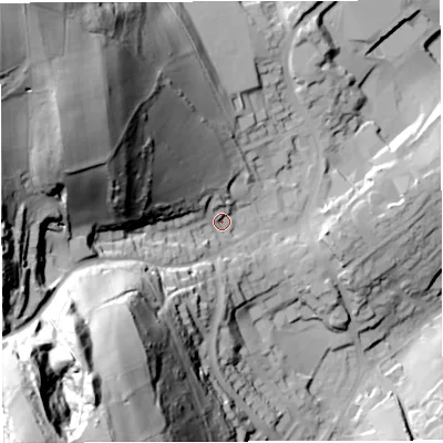 Shaded relief map of the ground around GL170HZ, computed from Environment Agency LiDAR. The ground here sits at about 153 m above sea level and falls 111 m across the surrounding 800 m. Surface water reaching this point runs off ground lying to the south-west, 93.9 m higher.