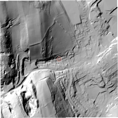 Shaded relief map of the ground around GL170JB, computed from Environment Agency LiDAR. The ground here sits at about 159 m above sea level and falls 112 m across the surrounding 800 m. Surface water reaching this point runs off ground lying to the north-west, 64.0 m higher.