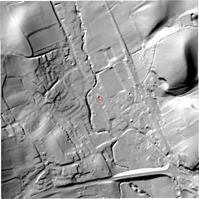 Shaded relief map of the ground around GL170LA, computed from Environment Agency LiDAR. The ground here sits at about 57 m above sea level and falls 83 m across the surrounding 800 m. Surface water reaching this point runs off ground lying to the west-south-west, 34.8 m higher.