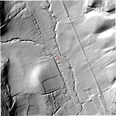 Shaded relief map of the ground around GL170LG, computed from Environment Agency LiDAR. The ground here sits at about 63 m above sea level and falls 79 m across the surrounding 800 m. Surface water reaching this point runs off ground lying to the south-west, 63.6 m higher.