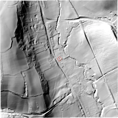 Shaded relief map of the ground around GL170LL, computed from Environment Agency LiDAR. The ground here sits at about 74 m above sea level and falls 96 m across the surrounding 800 m. Surface water reaching this point runs off ground lying to the west-north-west, 85.6 m higher.