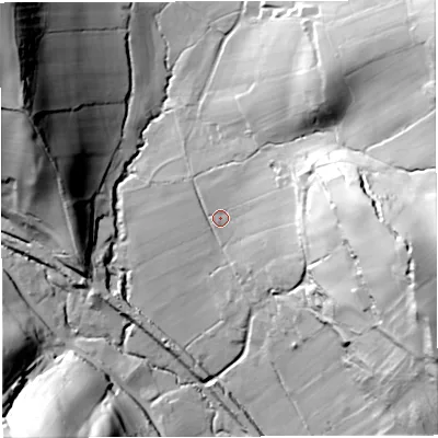 Shaded relief map of the ground around GL170LR, computed from Environment Agency LiDAR. The ground here sits at about 99 m above sea level and falls 82 m across the surrounding 800 m. Surface water reaching this point runs off ground lying to the north-east, 63.2 m higher.