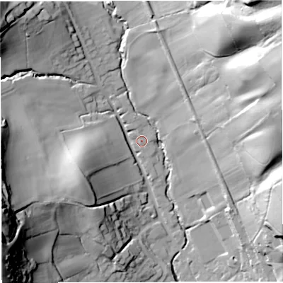 Shaded relief map of the ground around GL170PZ, computed from Environment Agency LiDAR. The ground here sits at about 62 m above sea level and falls 74 m across the surrounding 800 m. The ground contributing surface water to this point lies to the north-north-west.