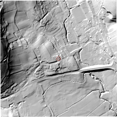 Shaded relief map of the ground around GL170QA, computed from Environment Agency LiDAR. The ground here sits at about 68 m above sea level and falls 70 m across the surrounding 800 m. Surface water reaching this point runs off ground lying to the west, 7.8 m higher.