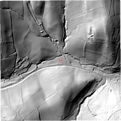 Shaded relief map of the ground around GL170QD, computed from Environment Agency LiDAR. The ground here sits at about 76 m above sea level and falls 81 m across the surrounding 800 m. Surface water reaching this point runs off ground lying to the north-west, 71.2 m higher.