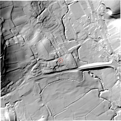 Shaded relief map of the ground around GL170QE, computed from Environment Agency LiDAR. The ground here sits at about 65 m above sea level and falls 63 m across the surrounding 800 m. Surface water reaching this point runs off ground lying to the west-north-west, 8.2 m higher.