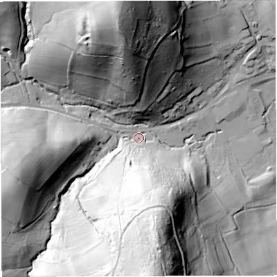 Shaded relief map of the ground around GL170QF, computed from Environment Agency LiDAR. The ground here sits at about 67 m above sea level and falls 86 m across the surrounding 800 m. Surface water reaching this point runs off ground lying to the south, 76.0 m higher.