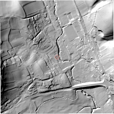 Shaded relief map of the ground around GL170QT, computed from Environment Agency LiDAR. The ground here sits at about 57 m above sea level and falls 66 m across the surrounding 800 m. Surface water reaching this point runs off ground lying to the south-west, 20.7 m higher.