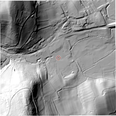 Shaded relief map of the ground around GL170QZ, computed from Environment Agency LiDAR. The ground here sits at about 61 m above sea level and falls 93 m across the surrounding 800 m. Surface water reaching this point runs off ground lying to the south-west, 58.6 m higher.