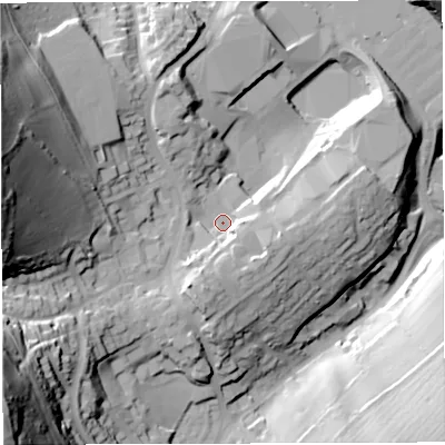 Shaded relief map of the ground around GL170SL, computed from Environment Agency LiDAR. The ground here sits at about 145 m above sea level and falls 83 m across the surrounding 800 m. Surface water reaching this point runs off ground lying to the south-west, 56.3 m higher.