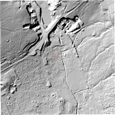 Shaded relief map of the ground around GL179DB, computed from Environment Agency LiDAR. The ground here sits at about 164 m above sea level and falls 72 m across the surrounding 800 m. Surface water reaching this point runs off ground lying to the west-north-west, 17.8 m higher.