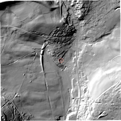 Shaded relief map of the ground around GL179JD, computed from Environment Agency LiDAR. The ground here sits at about 185 m above sea level and falls 73 m across the surrounding 800 m. Surface water reaching this point runs off ground lying to the north-north-west, 12.3 m higher.