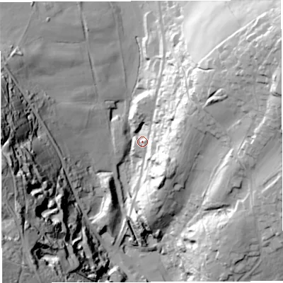 Shaded relief map of the ground around GL179JJ, computed from Environment Agency LiDAR. The ground here sits at about 182 m above sea level and falls 77 m across the surrounding 800 m. Surface water reaching this point runs off ground lying to the north-east, 54.1 m higher.