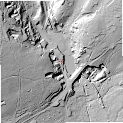 Shaded relief map of the ground around GL179JN, computed from Environment Agency LiDAR. The ground here sits at about 177 m above sea level and falls 84 m across the surrounding 800 m. Surface water reaching this point runs off ground lying to the west, 74.0 m higher.